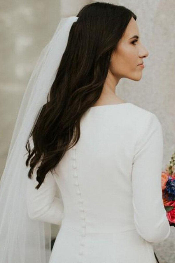 Ivory Satin Mermaid Long Sleeves Scoop Wedding Dresses, Bridal Gowns, MW617