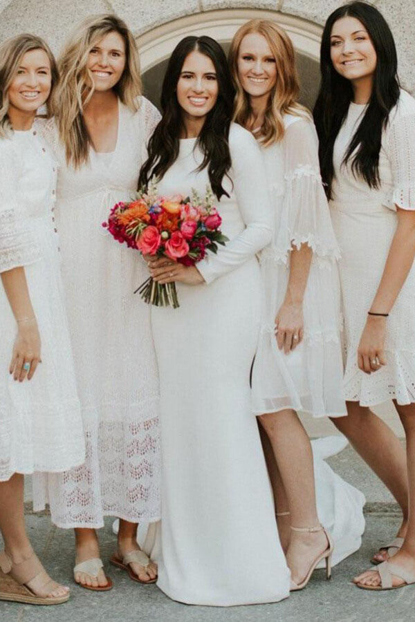 Ivory Satin Mermaid Long Sleeves Scoop Wedding Dresses, Bridal Gowns, MW617