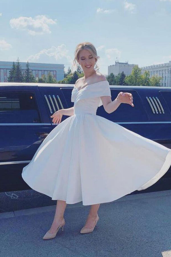 Ivory Satin Off Shoulder A-line Ankle-length Wedding Dress, Bridal Gown, MW627