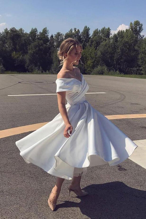 Ivory Satin Off Shoulder A-line Ankle-length Wedding Dress, Bridal Gown, MW627