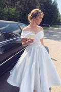 Robe de mariée en satin ivoire bretelles tombantes, ligne A longueur cheville, MW627