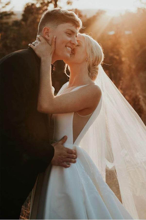 Ivory Satin Simple A-line V-neck Wedding Dresses, Elegant Bridal Gown, MW545