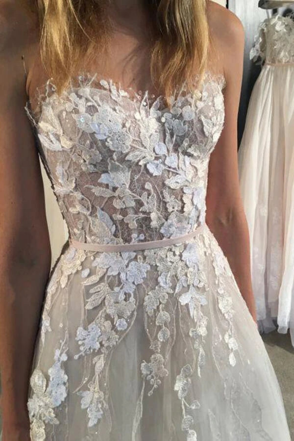 Ivory Strapless A-line Tulle Lace Sweetheart Wedding Dresses, Bridal Gowns, MW597