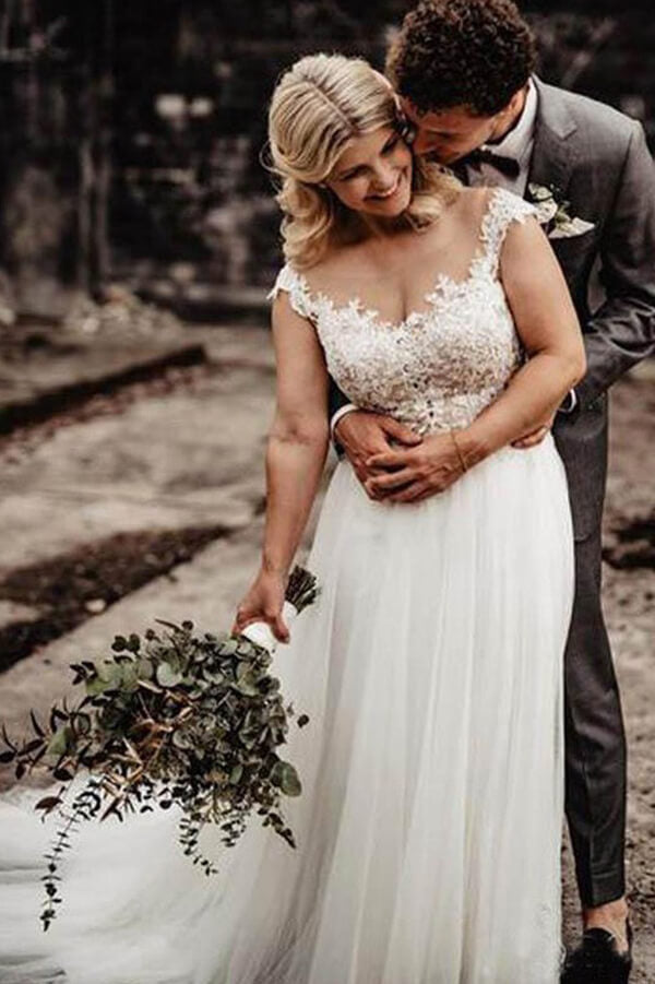 Ivory Tulle A-line Illusion Neck Wedding Dresses with Lace Appliques, MW573