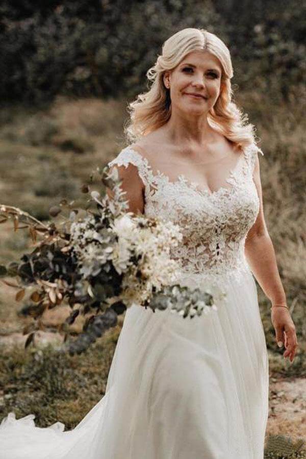 Ivory Tulle A-line Illusion Neck Wedding Dresses with Lace Appliques, MW573