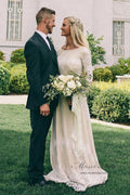 Ivory Tulle A-line Long Sleeves Bateau Wedding Dresses with Lace Appliques, MW556