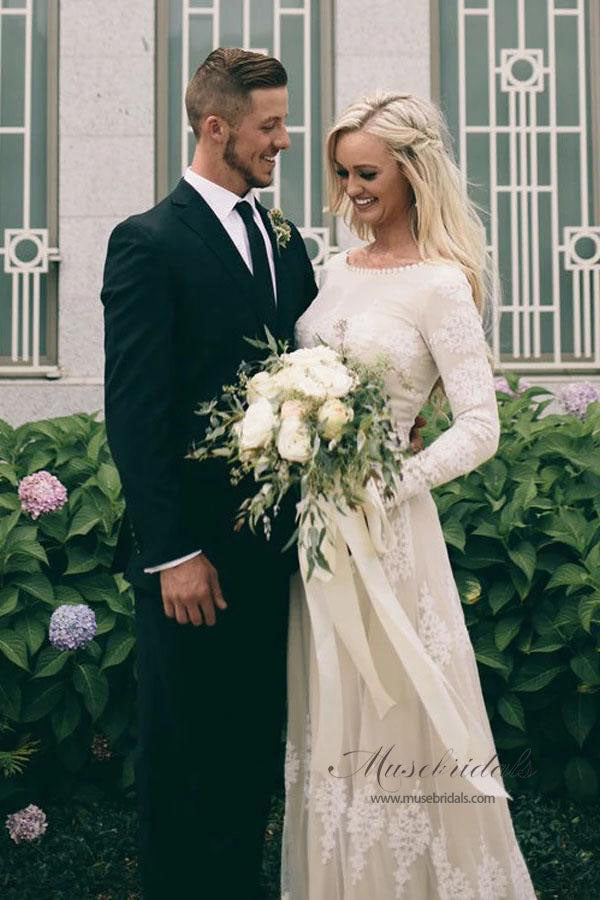 Ivory Tulle A-line Long Sleeves Bateau Wedding Dresses with Lace Appliques, MW556