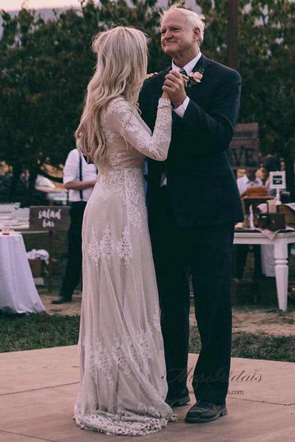 Ivory Tulle A-line Long Sleeves Bateau Wedding Dresses with Lace Appliques, MW556