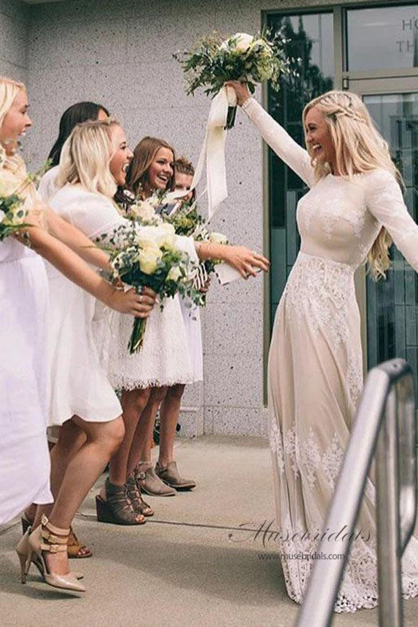 Ivory Tulle A-line Long Sleeves Bateau Wedding Dresses with Lace Appliques, MW556