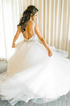 Ivory Tulle Ball Gown V Neck Rhinestone Wedding Dresses, Bridal Gown, MW549