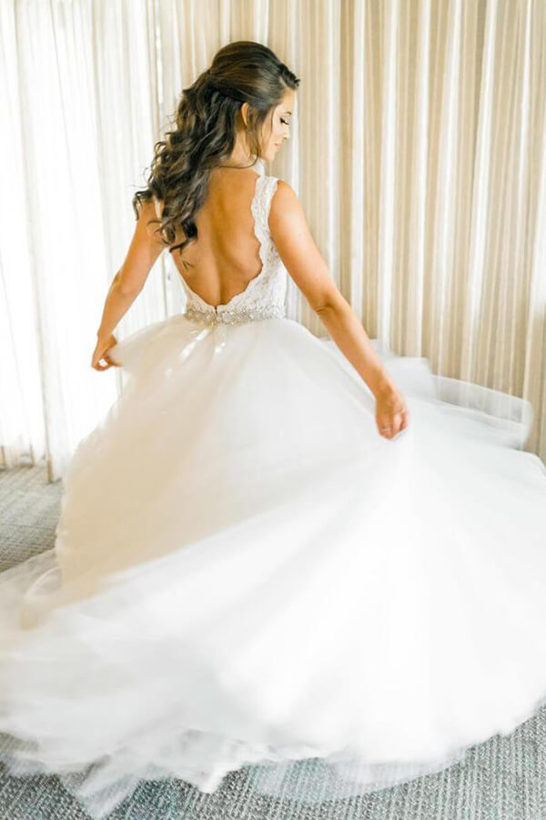Ivory Tulle Ball Gown V Neck Rhinestone Wedding Dresses, Bridal Gown, MW549