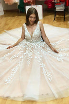 Ivory Tulle Lace A-line V-neck Beaded Wedding Dresses, Prom Dresses, MP640