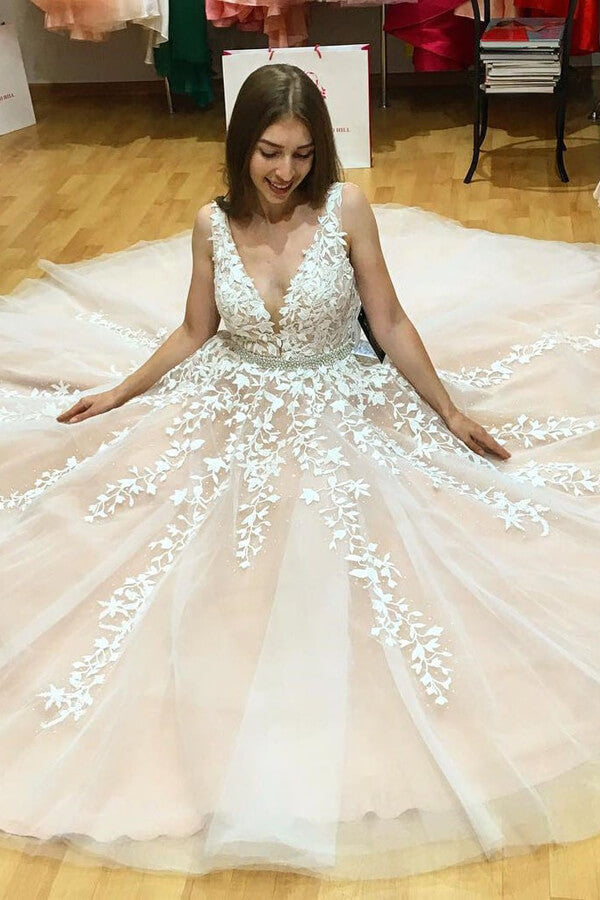 Ivory Tulle Lace A-line V-neck Beaded Wedding Dresses, Prom Dresses, MP640