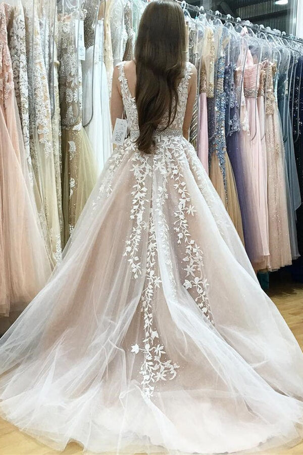 Ivory Tulle Lace A-line V-neck Beaded Wedding Dresses, Prom Dresses, MP640