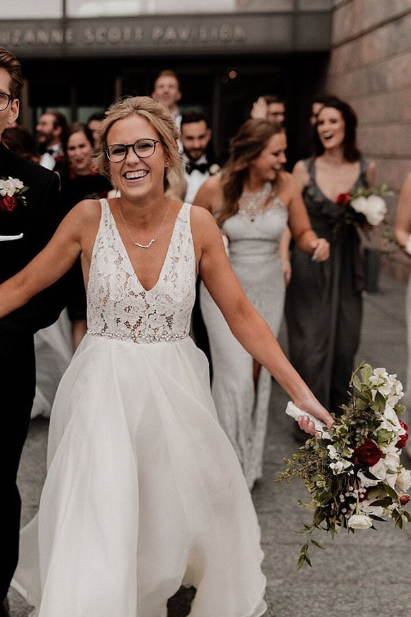 Ivory Tulle Lace A-line V-neck Wedding Dresses With Pearls, Bridal Gown, MW600