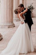 Abito da sposa in tulle avorio con pizzo a-line e scollo a V, perle, vestito nuziale, MW600