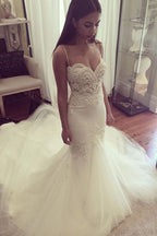 Ivory Tulle Lace Mermaid Spaghetti Straps Court Train Wedding Dresses, MW591