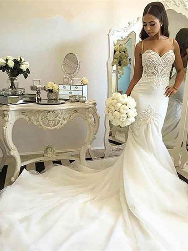 Ivory Tulle Lace Mermaid Spaghetti Straps Court Train Wedding Dresses, MW591