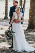 Ivory Tulle Rustic Lace Appliques V-neck Wedding Dresses, Bridal Gowns, MW565