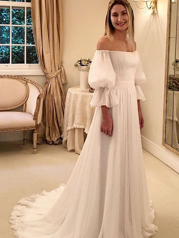 Elfenbein Chiffon Off Shoulder A-Linie Boho Strand Brautkleider,DB0159