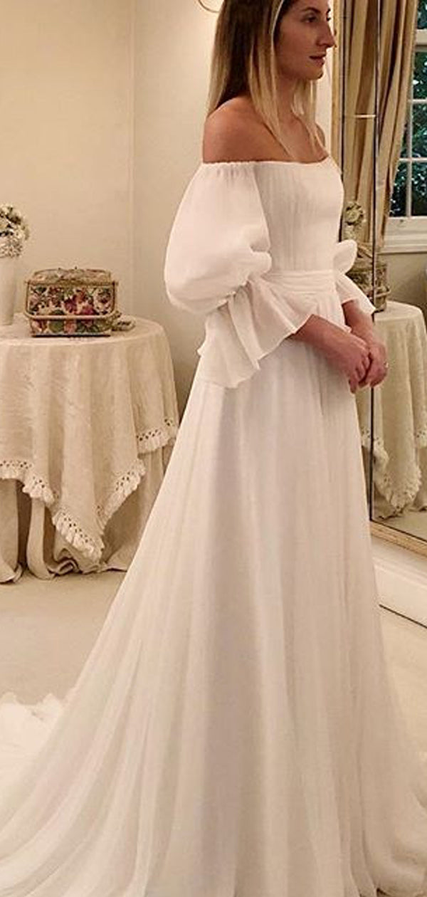 Elfenbein Chiffon Off Shoulder A-Linie Boho Strand Brautkleider,DB0159