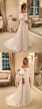 Elfenbein Chiffon Off Shoulder A-Linie Boho Strand Brautkleider,DB0159