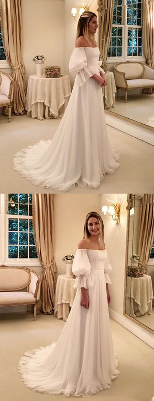 Elfenbein Chiffon Off Shoulder A-Linie Boho Strand Brautkleider,DB0159