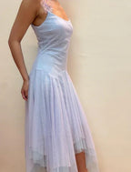 Lila Tüll A-Linien Partykleid mit Trägern Homecoming Kleid mit Blumen Y8143