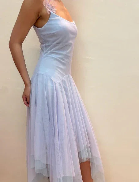 Lila Tüll A-Linien Partykleid mit Trägern Homecoming Kleid mit Blumen Y8143
