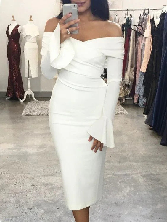Vestido Blanco de Fiesta Tipo Sheath con Hombros Descubiertos Vestido Blanco para el Baile de Bienvenida Vestido Blanco de Cóctel Y6873