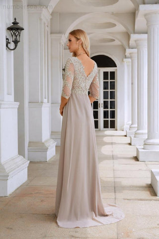 NumberSea Women Chiffon V Neck Long Half Sleeves  Mother of Bride Dress Wedding Wedding Party  28108