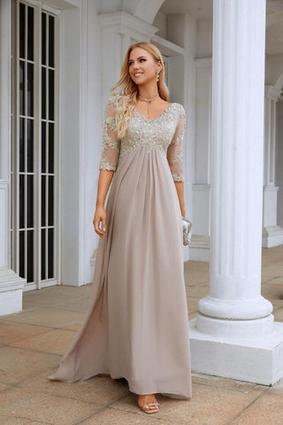 NumberSea Women Chiffon V Neck Long Half Sleeves  Mother of Bride Dress Wedding Wedding Party  28108