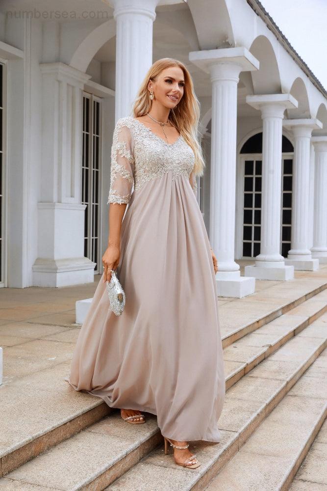 Vestido de chiffon com decote em V e manga curta para mulher NumberSea, para casamento e festa de casamento 28108 