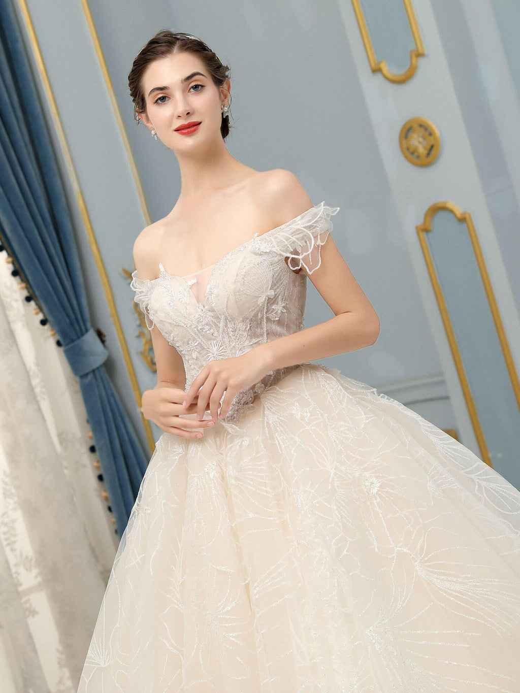 Ball Gown Wedding Dresses Beaded Luxurious Off Shoulder Floor Length Short Sleeve