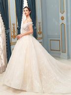 Ball Gown Wedding Dresses Beaded Luxurious Off Shoulder Floor Length Short Sleeve