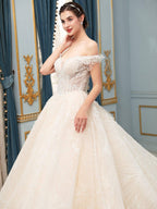 Ball Gown Wedding Dresses Beaded Luxurious Off Shoulder Floor Length Short Sleeve