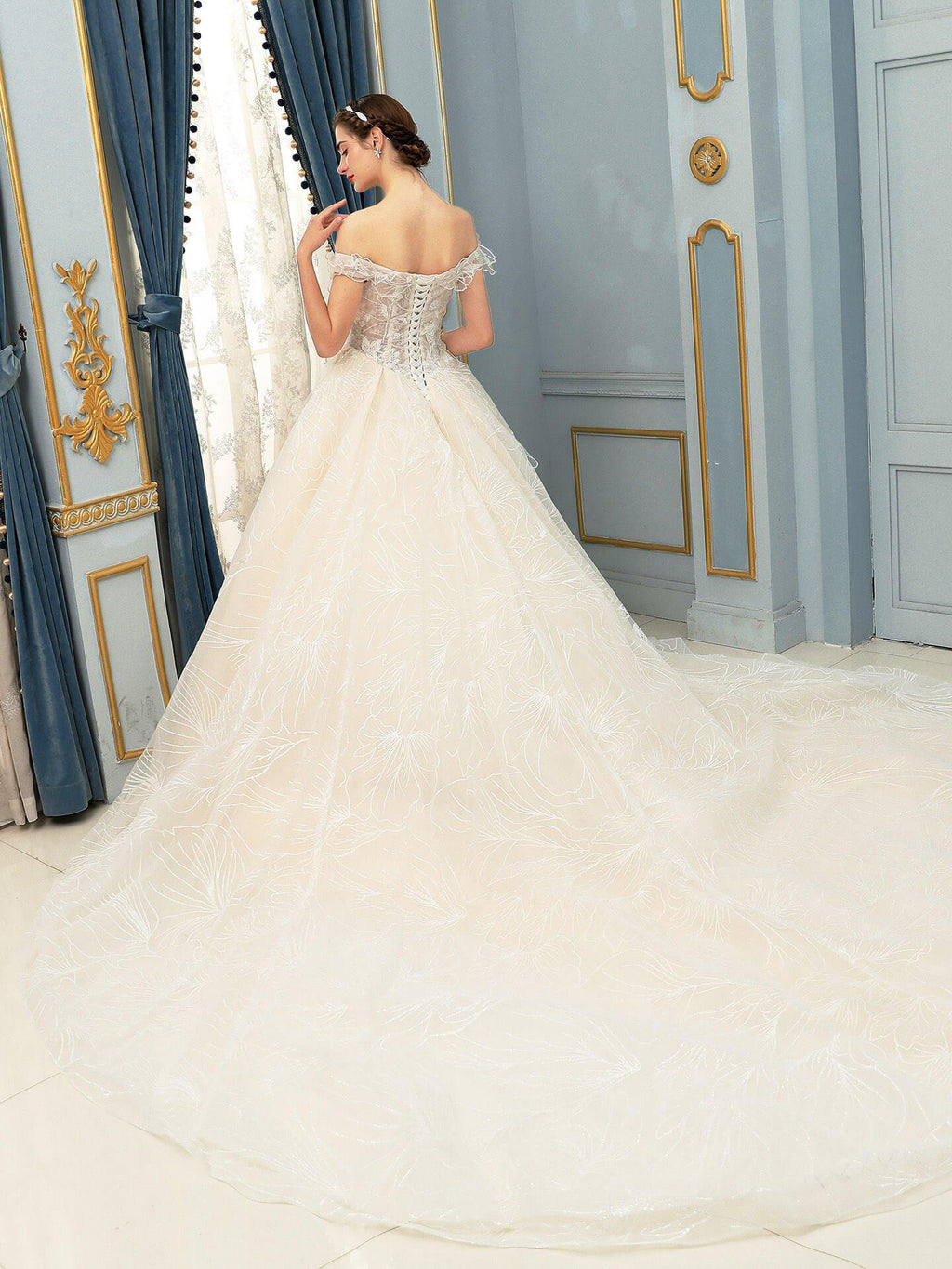 Ball Gown Wedding Dresses Beaded Luxurious Off Shoulder Floor Length Short Sleeve