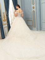 Ball Gown Wedding Dresses Beaded Luxurious Off Shoulder Floor Length Short Sleeve