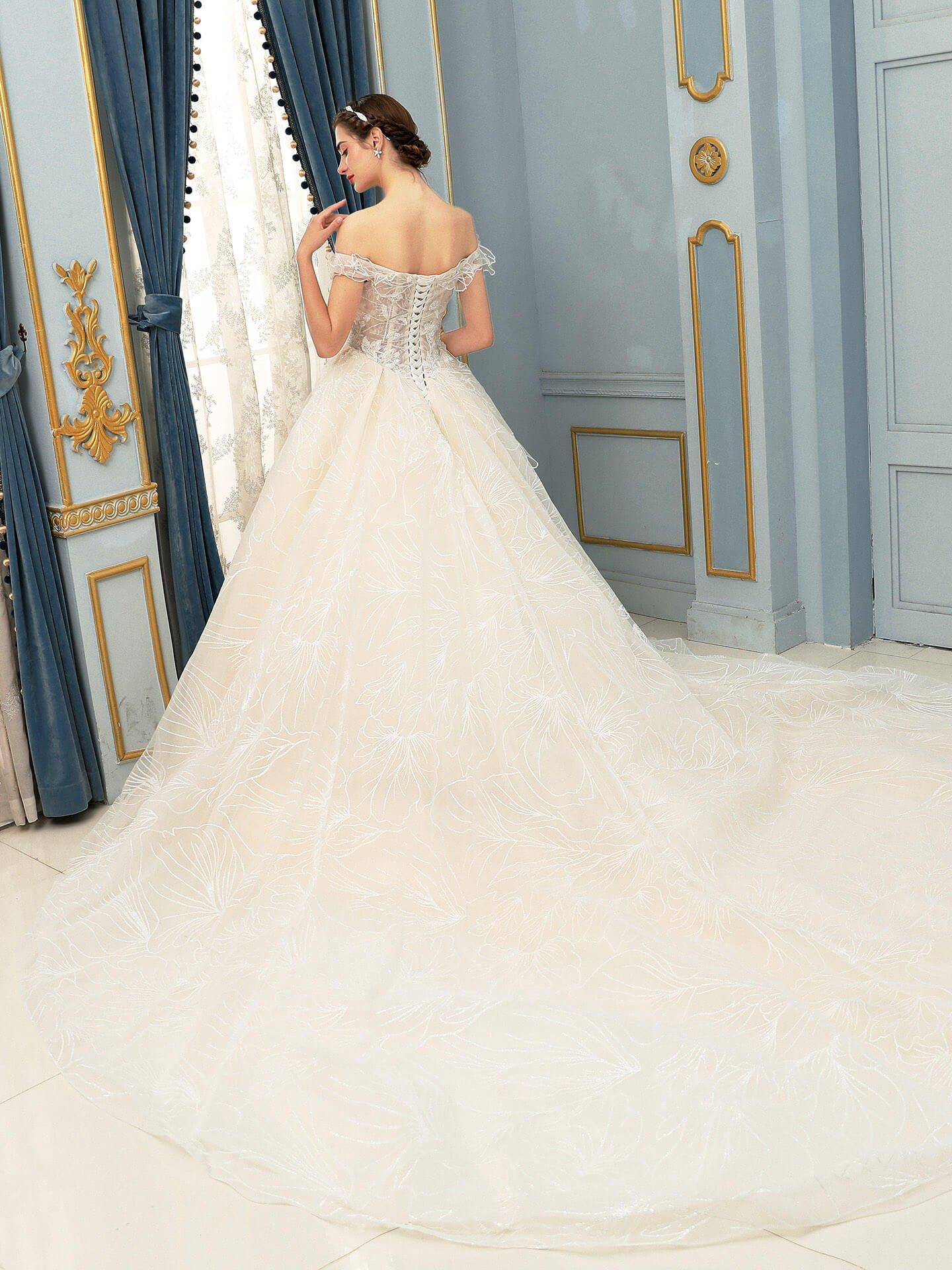 Ball Gown Wedding Dresses Beaded Luxurious Off Shoulder Floor Length Short Sleeve