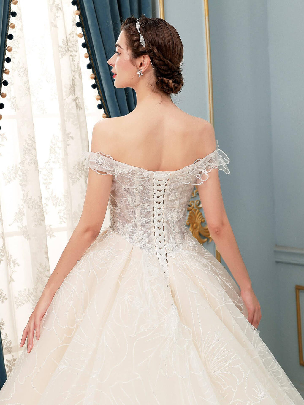 Ball Gown Wedding Dresses Beaded Luxurious Off Shoulder Floor Length Short Sleeve