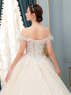 Ball Gown Wedding Dresses Beaded Luxurious Off Shoulder Floor Length Short Sleeve