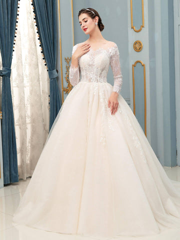 Ballkleid Tüll Spitze Applikation Brautkleider Lang Ärmellos Bodenlang 