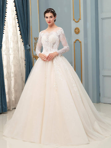 Ballkleid Tüll Spitze Applikation Brautkleider Lang Ärmellos Bodenlang 