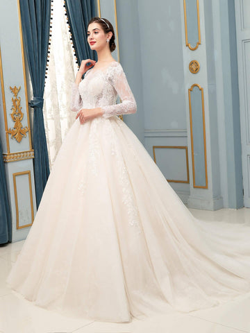 Ballkleid Tüll Spitze Applikation Brautkleider Lang Ärmellos Bodenlang 