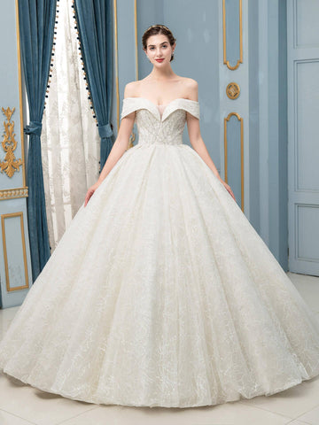 Ballkleid Tüll Spitze Perlen Brautkleider Lange Ärmel Bodenlang 
