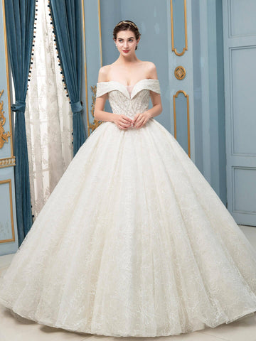 Ballkleid Tüll Spitze Perlen Brautkleider Lange Ärmel Bodenlang 
