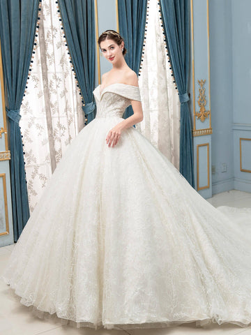 Ballkleid Tüll Spitze Perlen Brautkleider Lange Ärmel Bodenlang 
