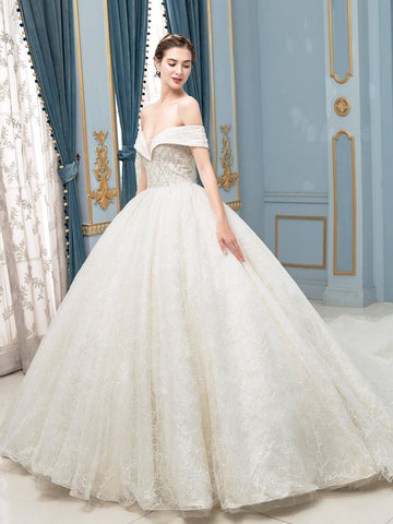Ballkleid Tüll Spitze Perlen Brautkleider Lange Ärmel Bodenlang 