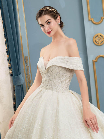 Ballkleid Tüll Spitze Perlen Brautkleider Lange Ärmel Bodenlang 