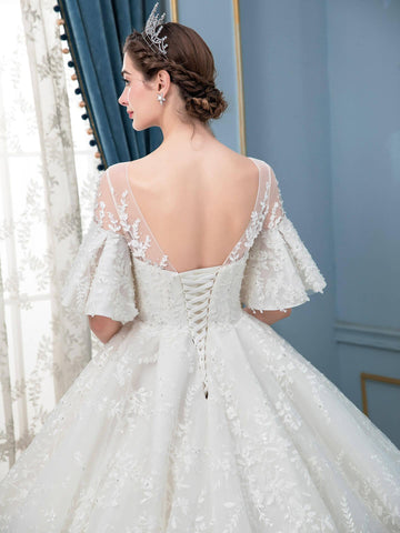 Ball Gown Lace Beaded Wedding Dresses Long Sleeveless Floor Length